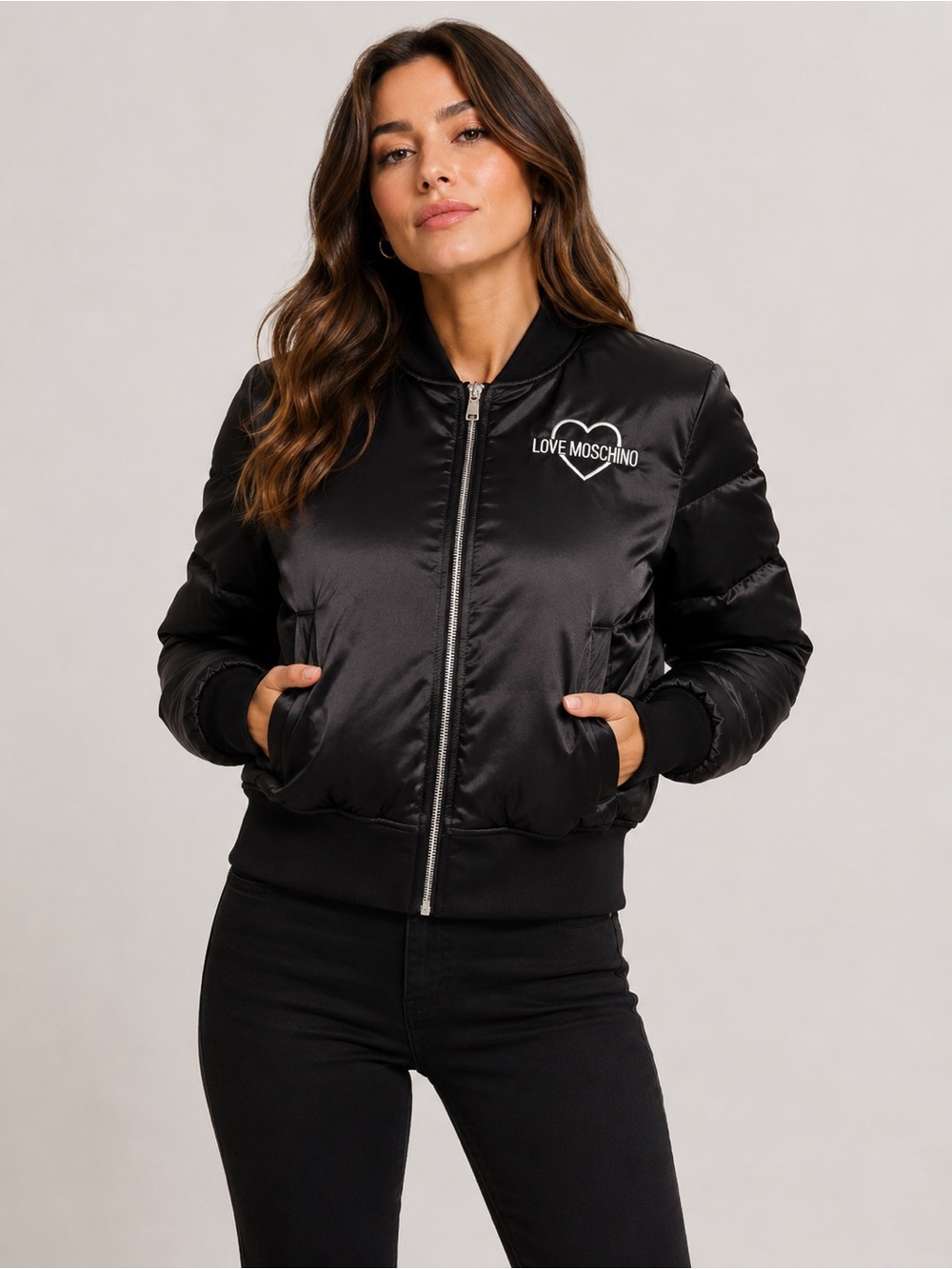 Love Moschino Luxury Designer Heart Logo Black Bomber Moto Jacket Womens Sz M